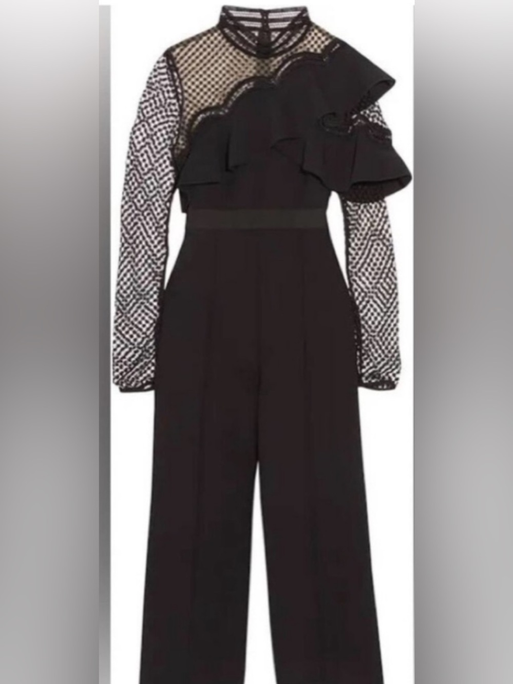 Self-Portrait Black Ruffle & Mesh Sleeve Jumpsuit